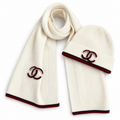 Chanel Style Ivory Rib-Knit Scarf and Beanie Set