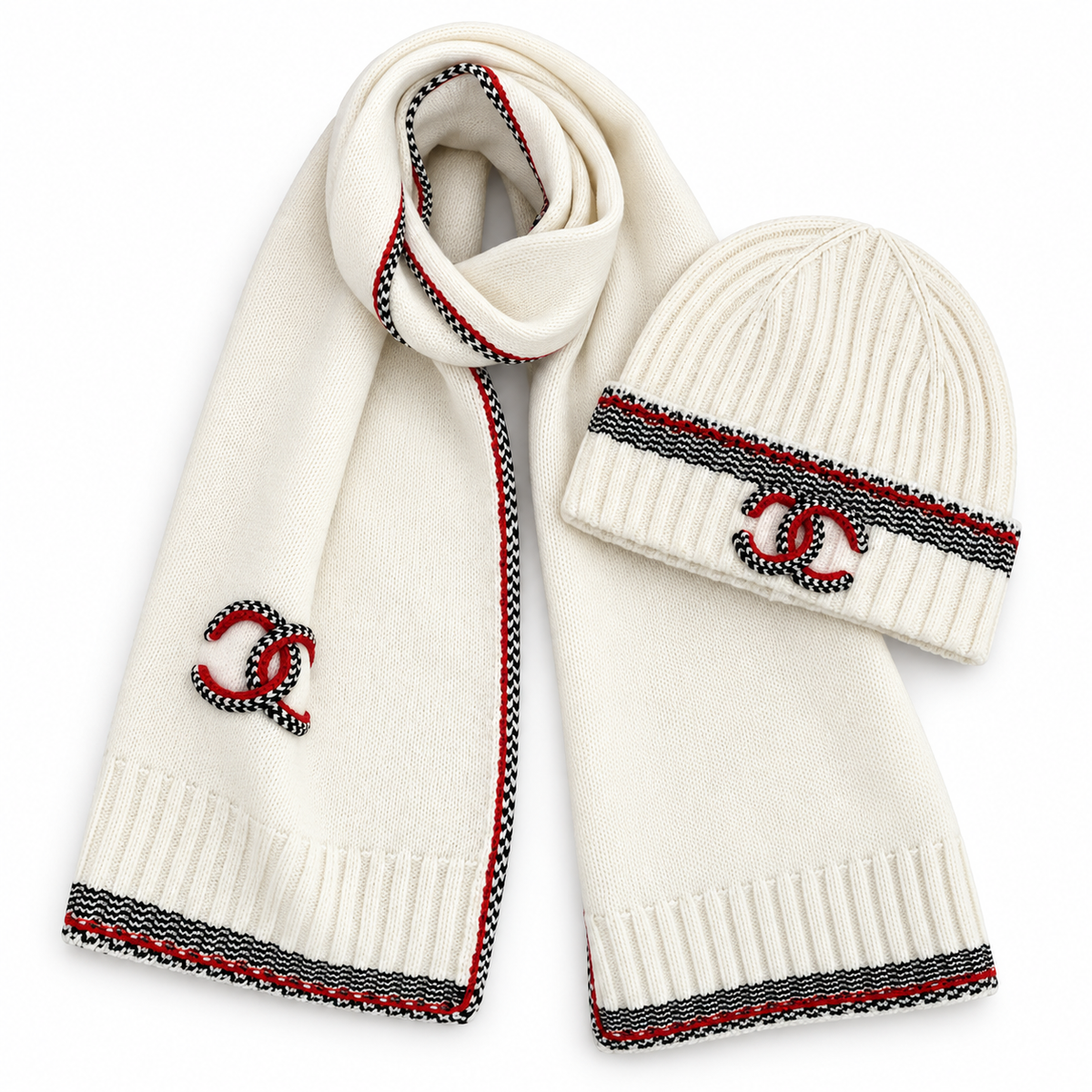 Chanel Style Contrast-Trim Scarf and Beanie Set