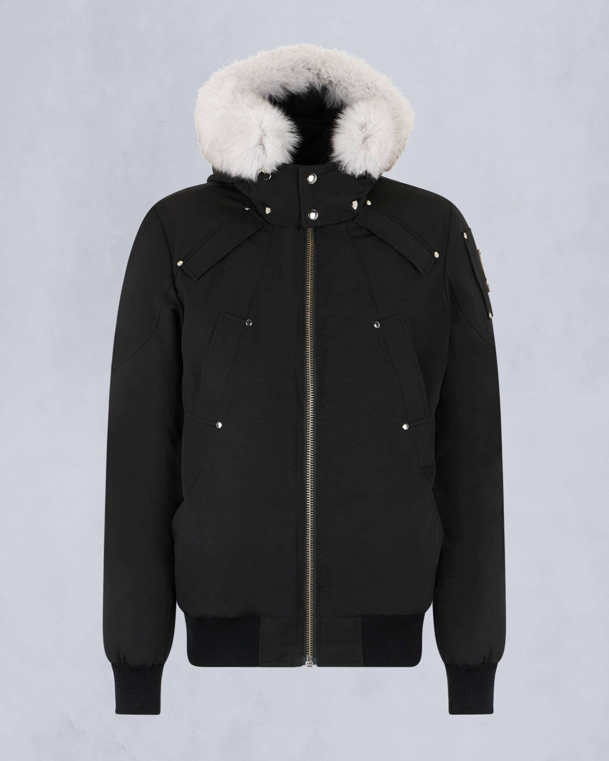 Moose Knuckles Black Bomber Jacket White Fox Fur Hood Silver Hardware