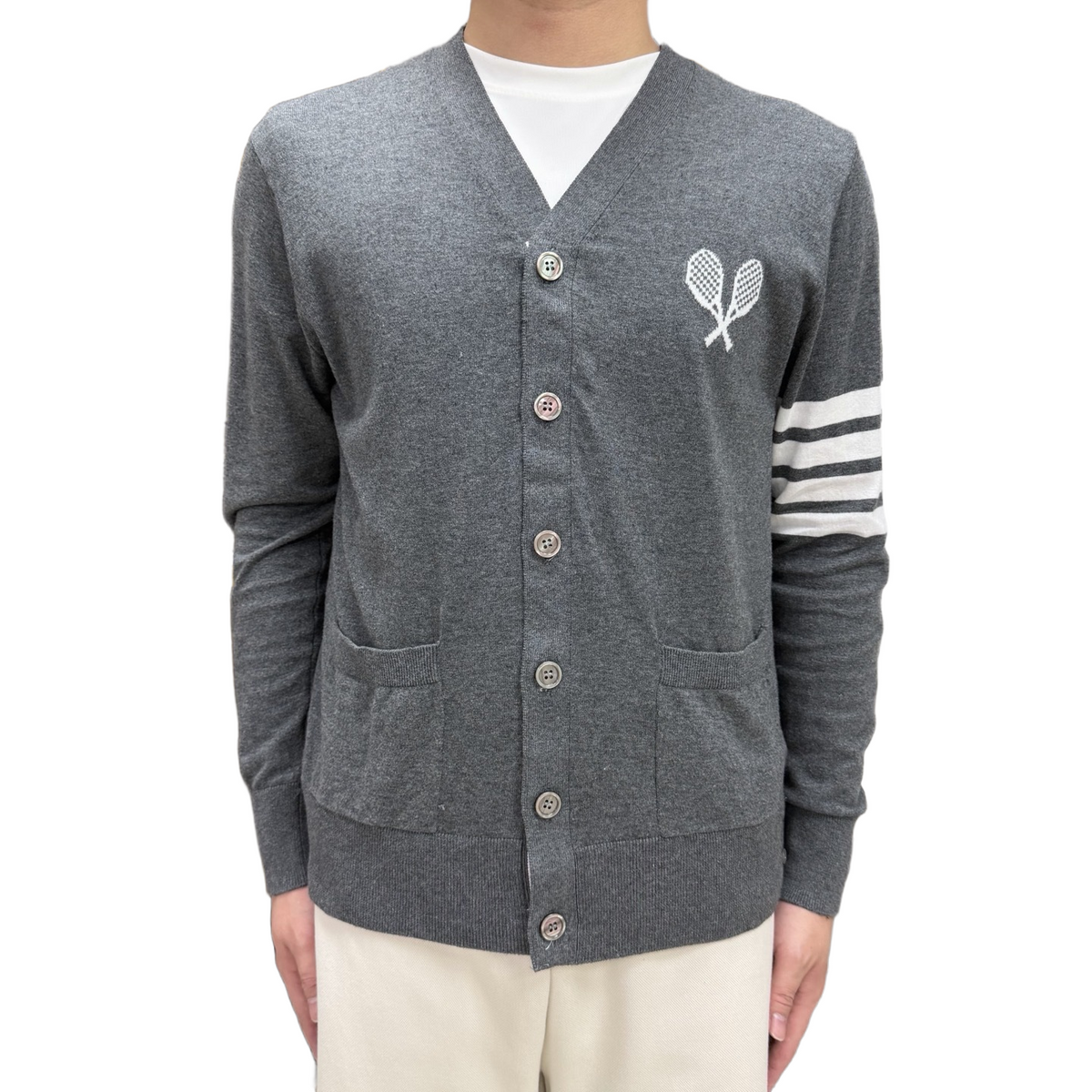 Tennis Racket Jacquard V-Neck Knit Cardigan | Thom Browne