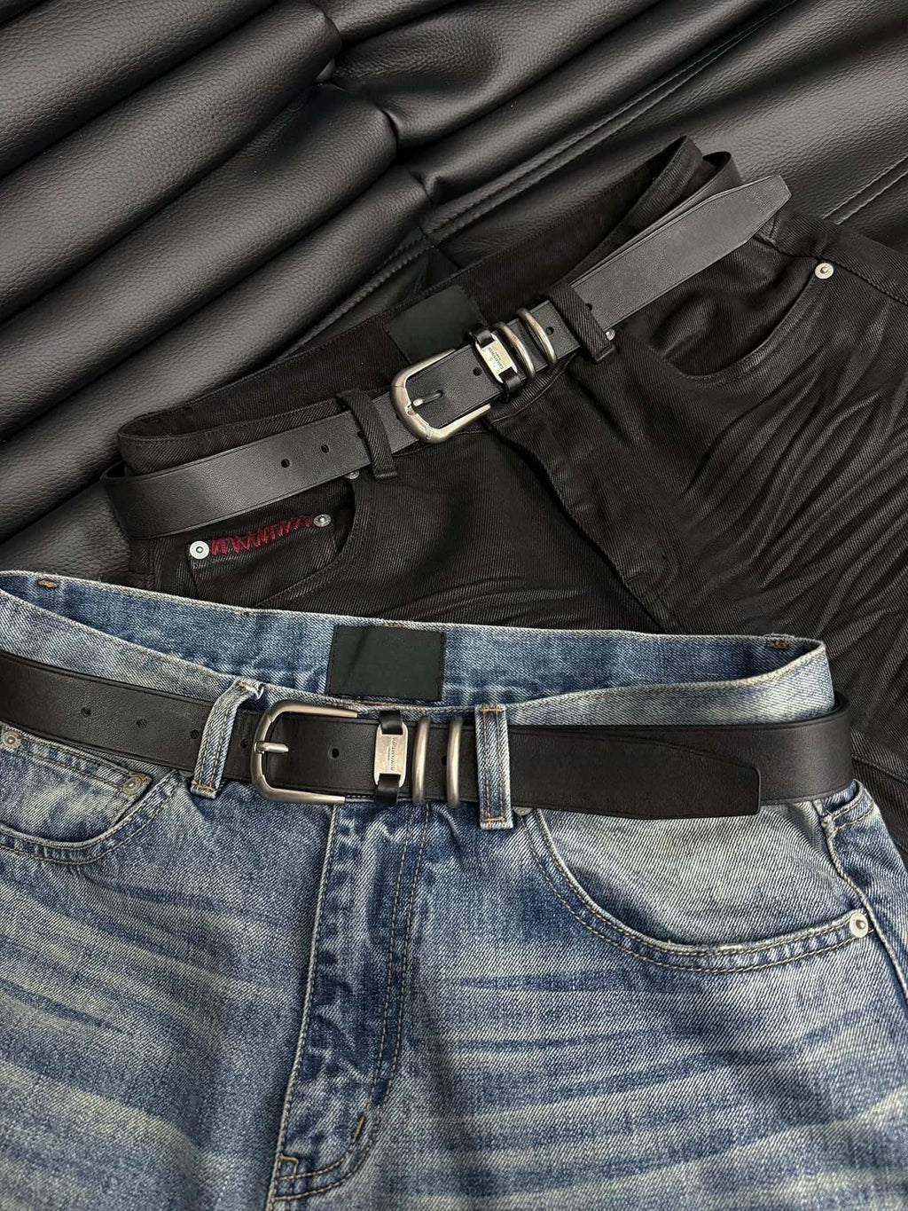 Dual Ring Tag Leather Belt Vegetable Tanned Black Waist Belt