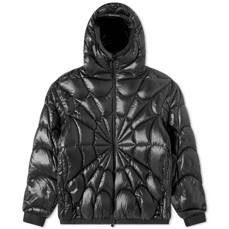 Moncler Black Glossy Spider Web Quilted Hooded Down Jacket