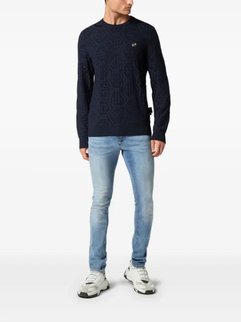 Philipp Plein jacquard silk wool pullover round neck LS monogram