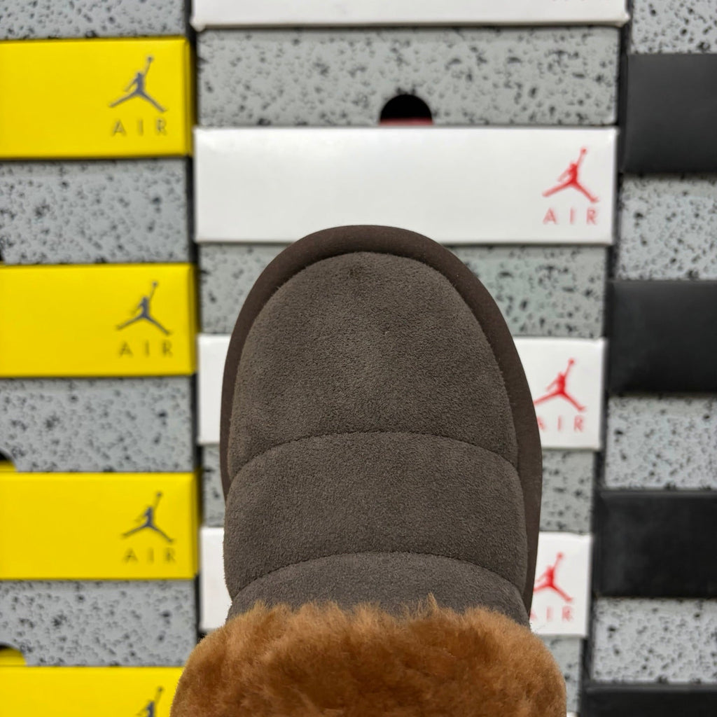UGG Tazz Platform Slip-On Slipper – Suede Moccasin with Caramel Shearling Cuff & Chocolate Platform Sole in Chocolate