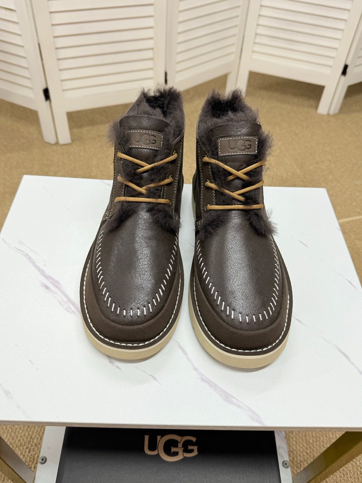 UGG Dark Brown Waxed Leather Shearling Boots