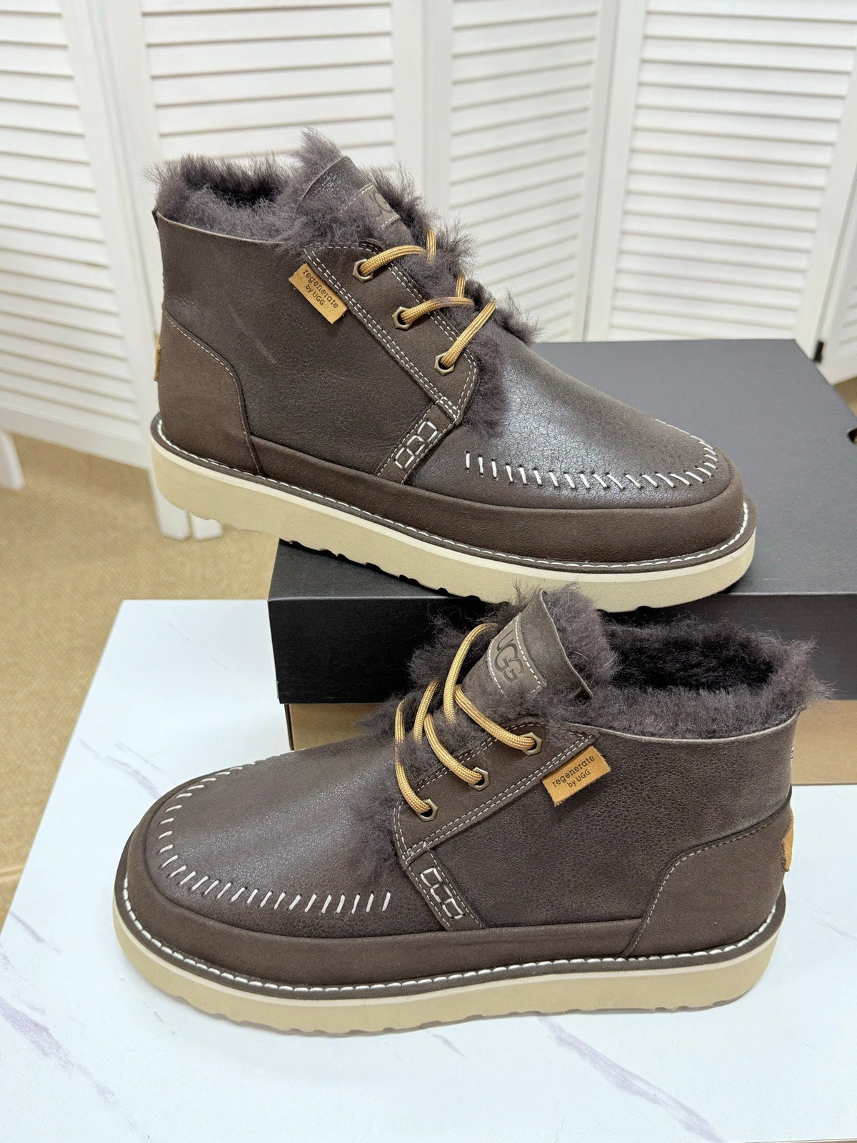 UGG Dark Brown Waxed Leather Shearling Boots