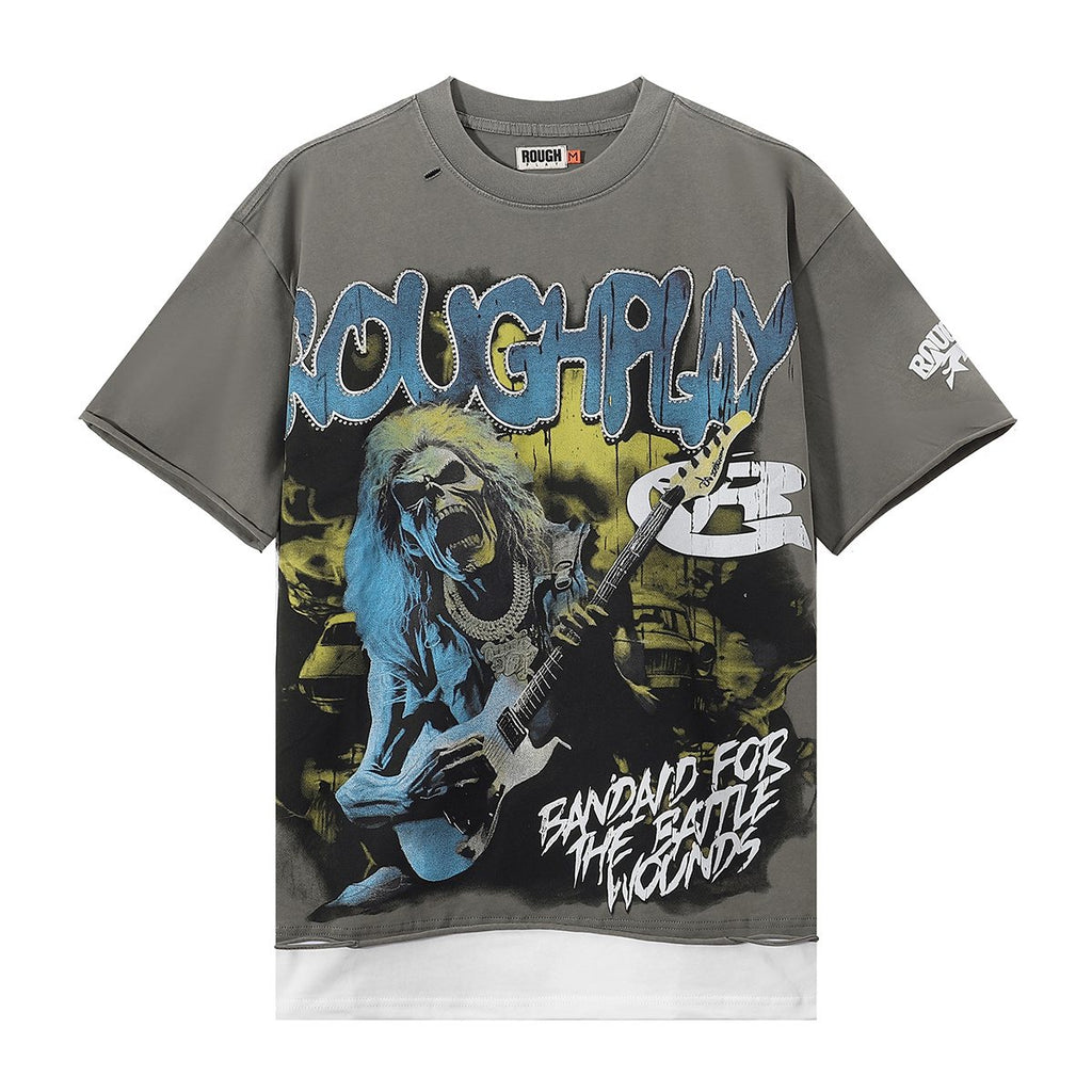 Rough Play Rock Skull Rhinestone Graphic Short-Sleeve T-Shirt