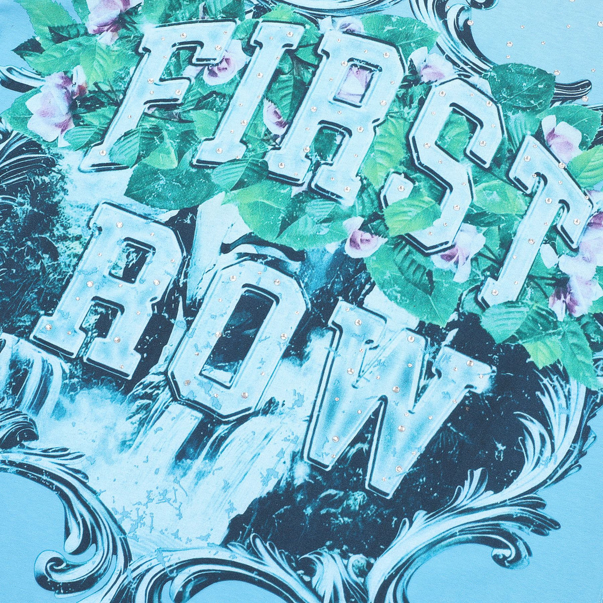 FIRST ROW Sky Blue Rhinestone Front & Back Graphic T-Shirt