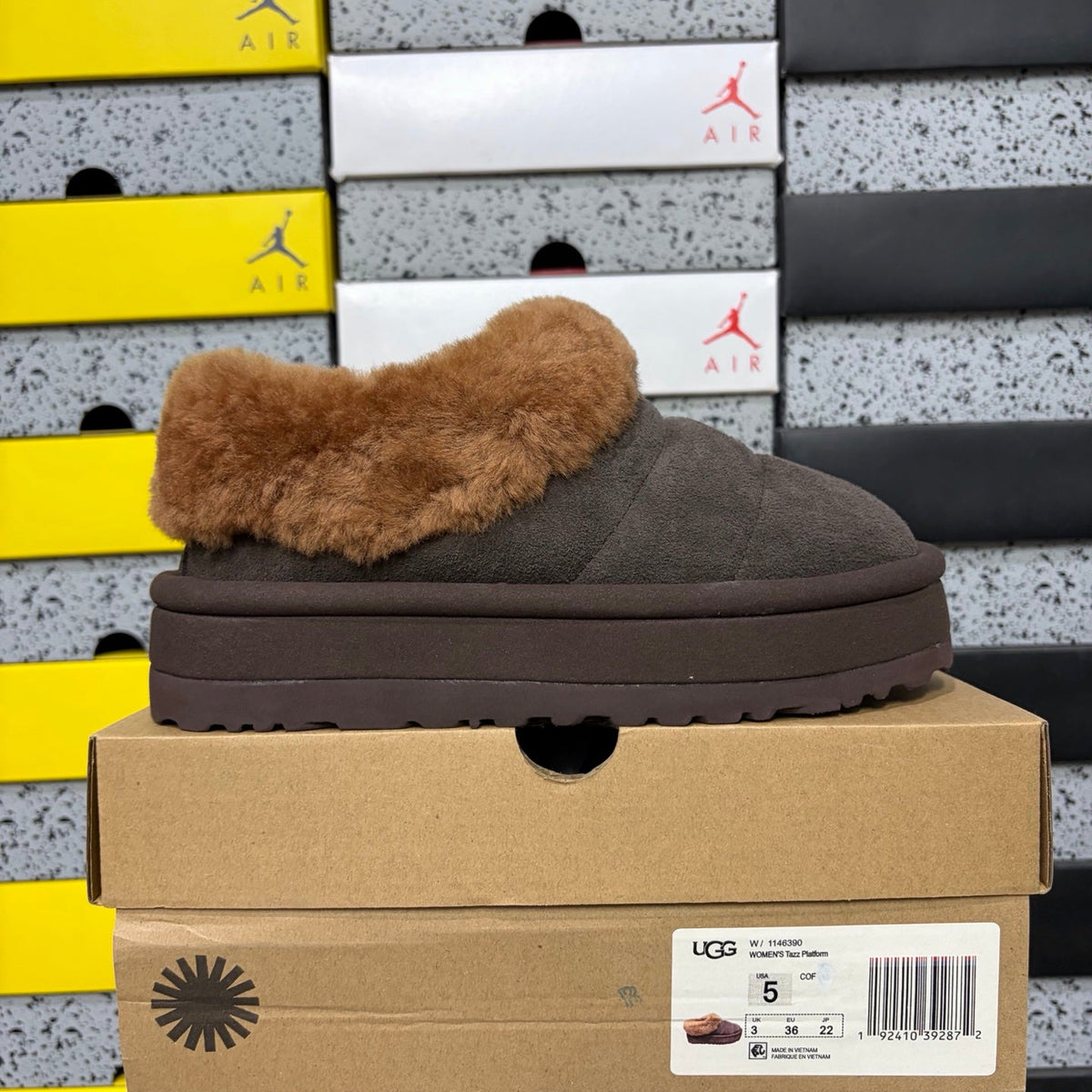 UGG Tazz Platform Slip-On Slipper – Suede Moccasin with Caramel Shearling Cuff & Chocolate Platform Sole in Chocolate