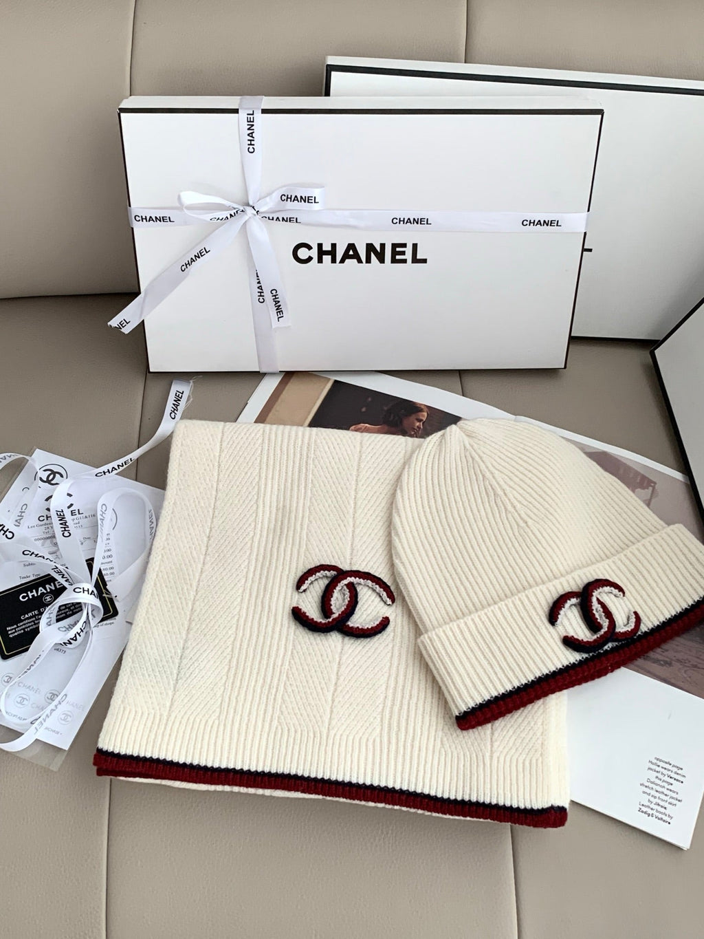 Chanel Style Ivory Rib-Knit Scarf and Beanie Set