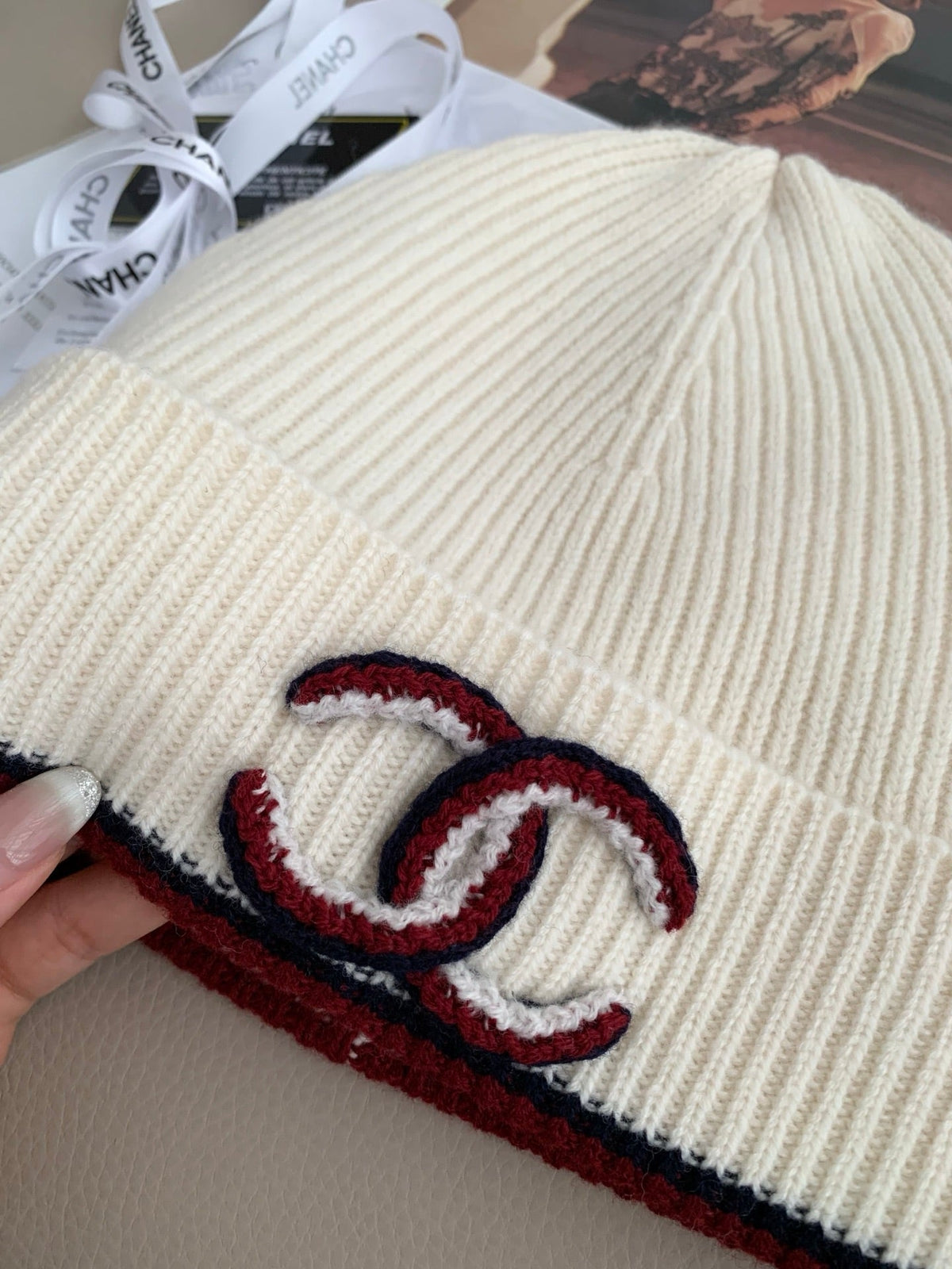 Chanel Style Ivory Rib-Knit Scarf and Beanie Set
