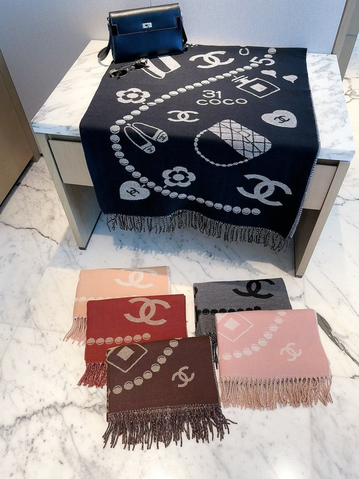 Chanel Style Jewelry Motif Fringe Scarf