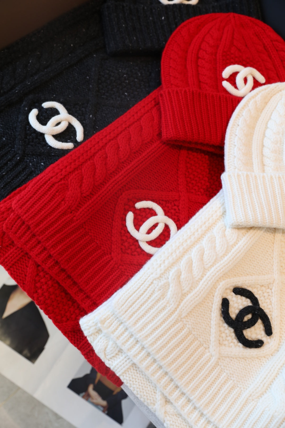 Chanel Style Rib-Knit Scarf and Beanie Set