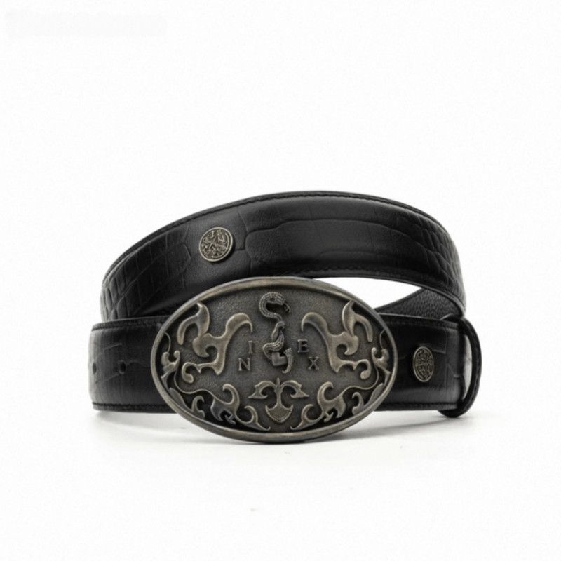 Croc Grain Leather Belt Vintage Oval Metal Buckle Replaceable Waist