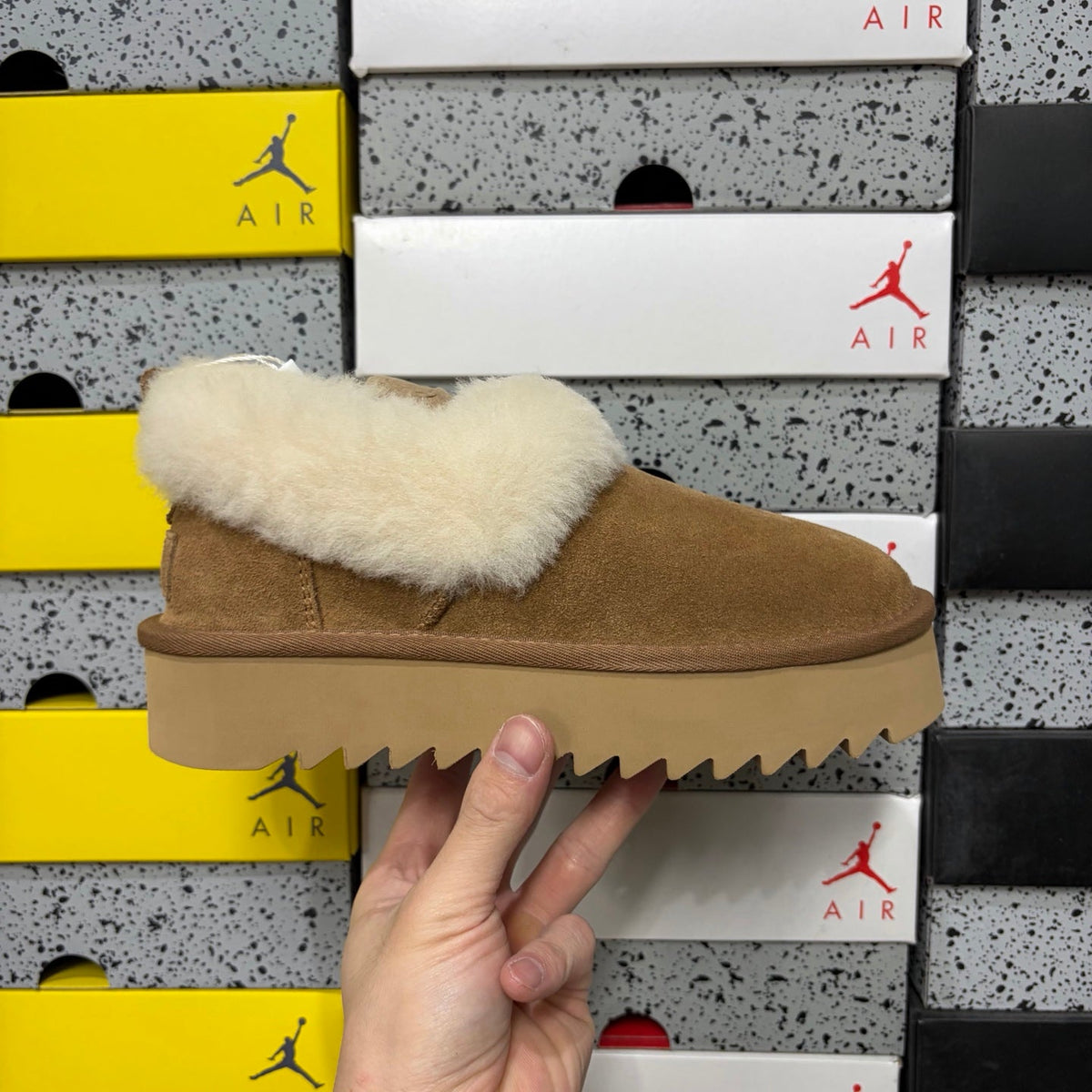 UGG Kallen Fold-Over Shearling Mule – Suede Open-Back Slipper with Cream Shearling Cuff & Chunky Lug Platform Sole in Chestnut
