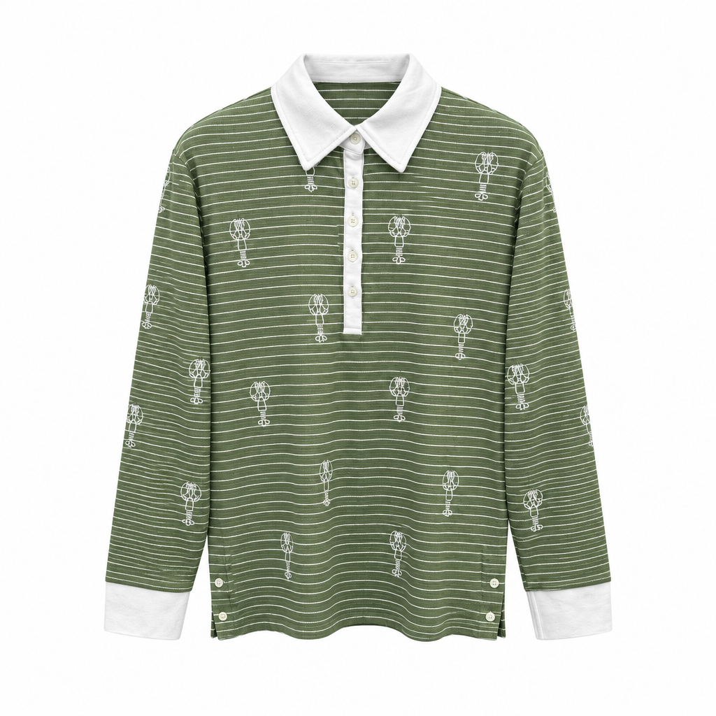 Thom Browne Style Balloon-Embroidered Striped Long-Sleeve Polo