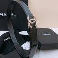 CHANEL DOUBLE C BELT 30MM IN BLACK CALFSKIN SILVER BUCKLE EMBOSSED WHITE LOGO
