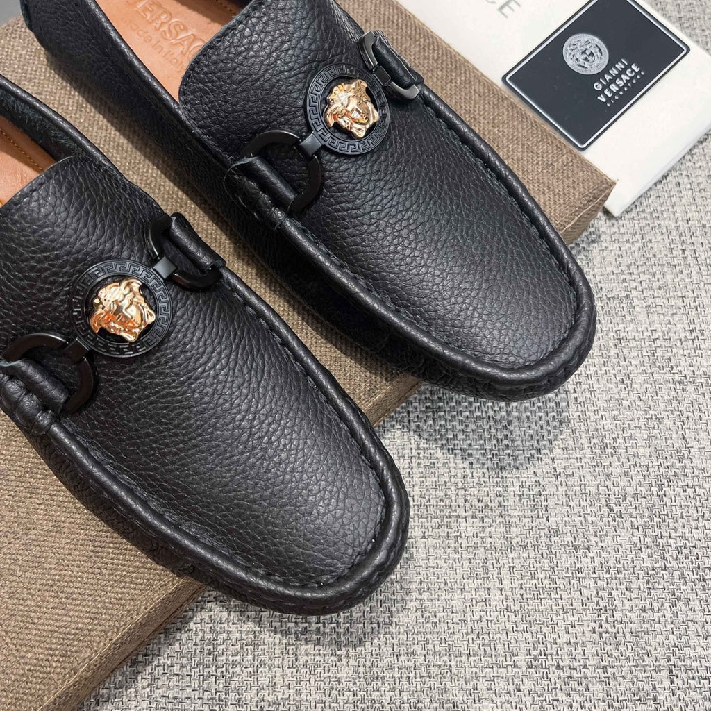 Versace Black Gold-Emblem Slip-On Loafers