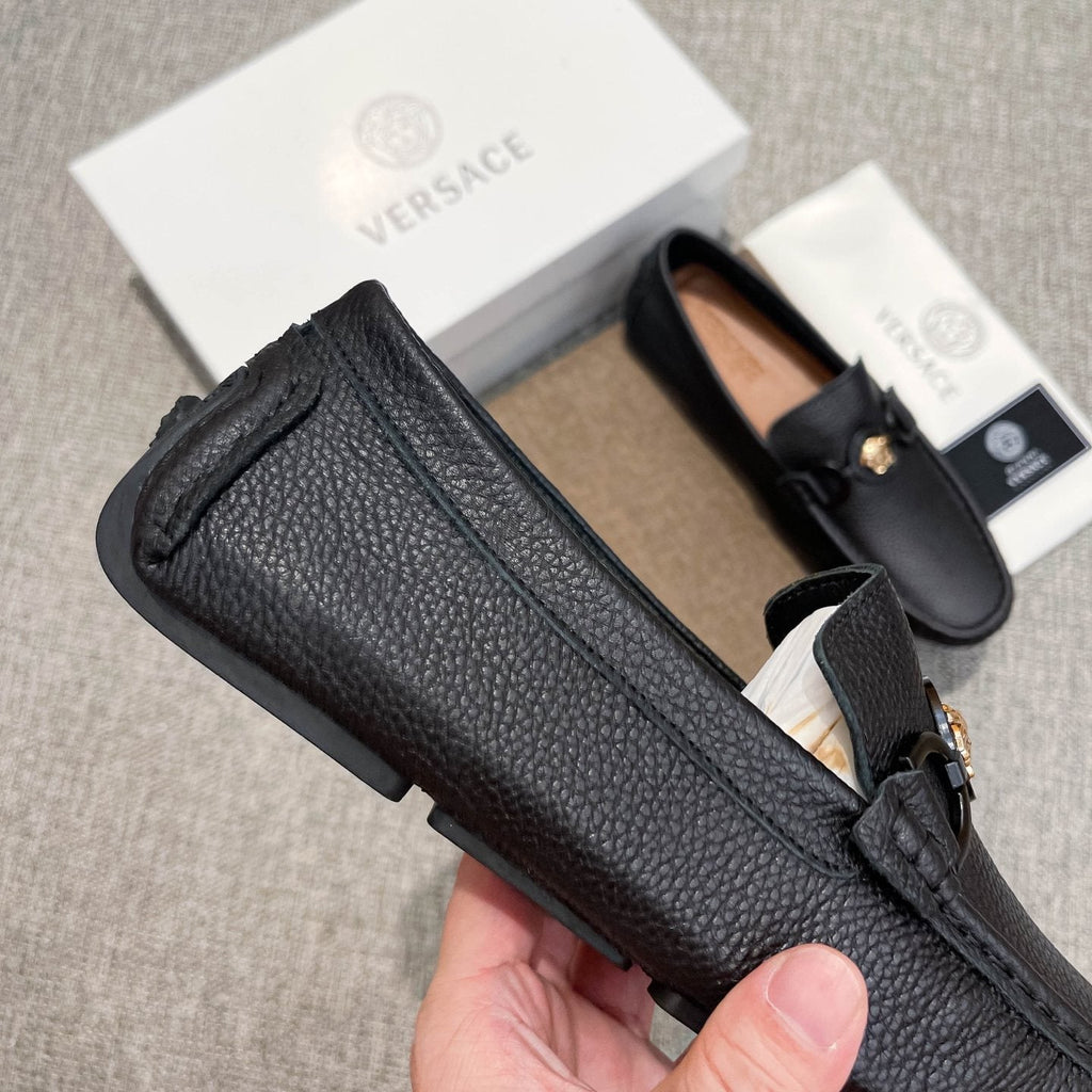 Versace Black Gold-Emblem Slip-On Loafers