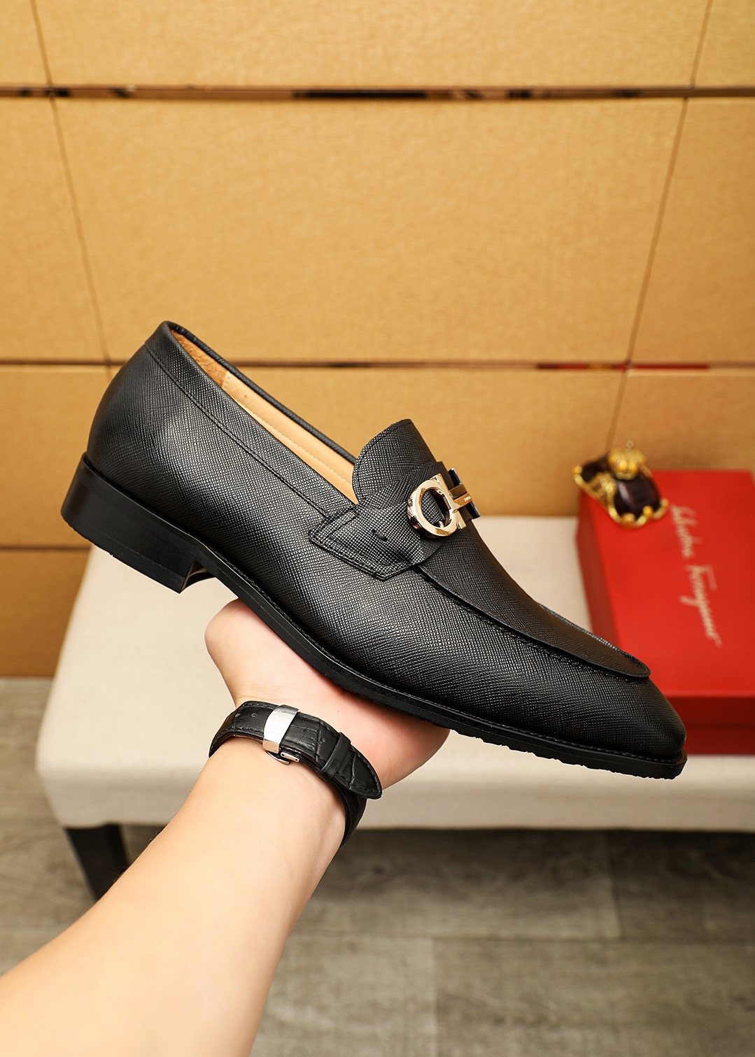 Ferragamo Black Buckle Leather Loafers - Slip-On Construction