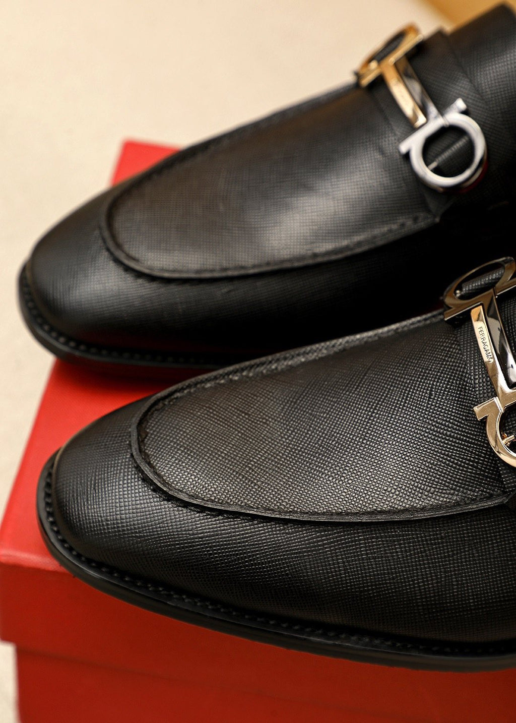 Ferragamo Black Buckle Leather Loafers - Slip-On Construction