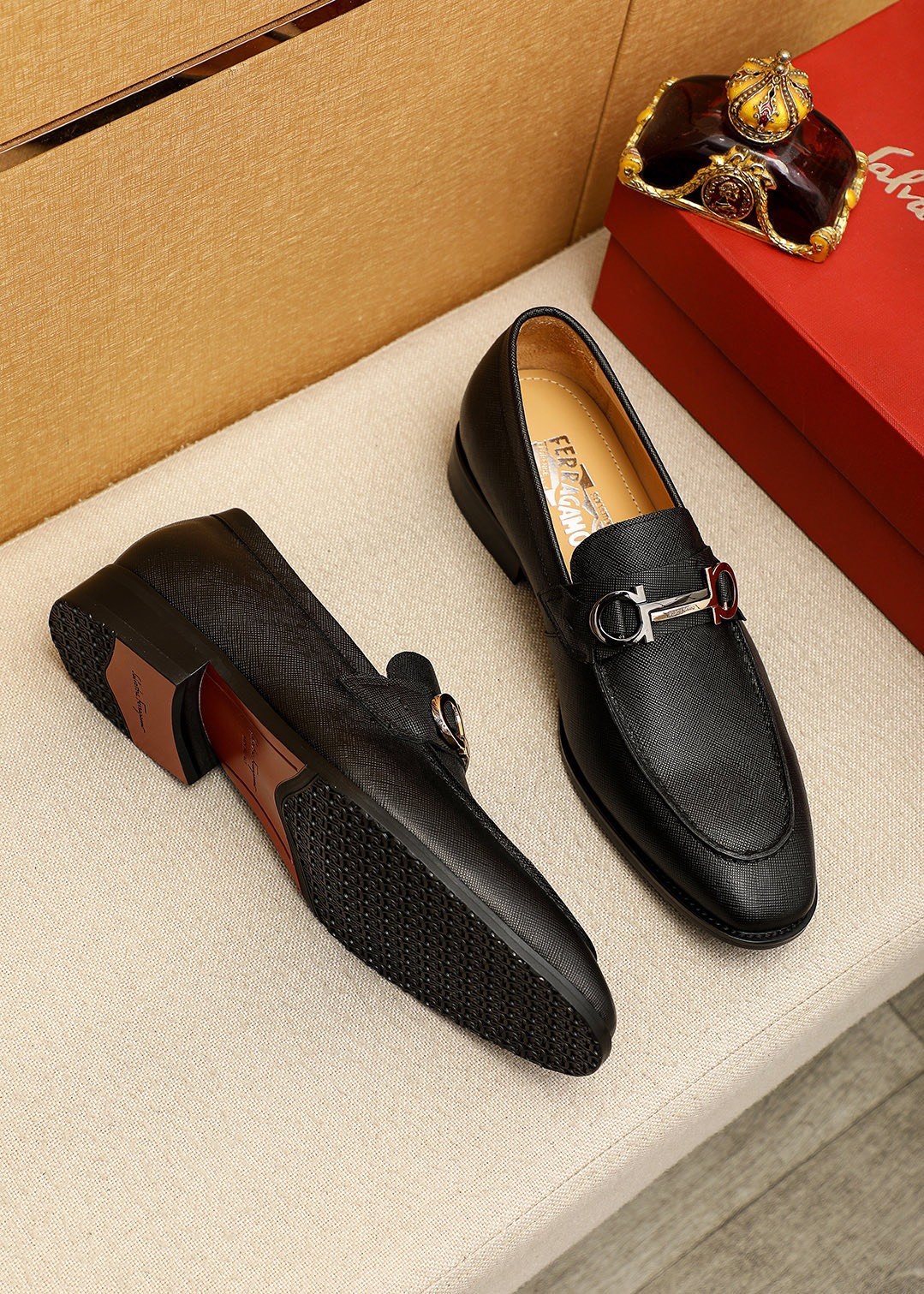 Ferragamo Black Buckle Leather Loafers - Slip-On Construction
