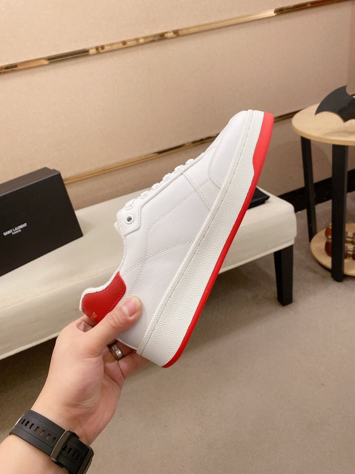 Saint Laurent White Red Perforated Low-Top Sneakers