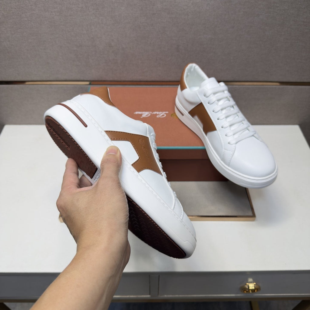 White and Brown Low-Top Sneakers