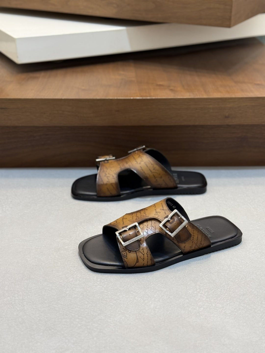 Berluti Patterned Buckle Slide Sandals
