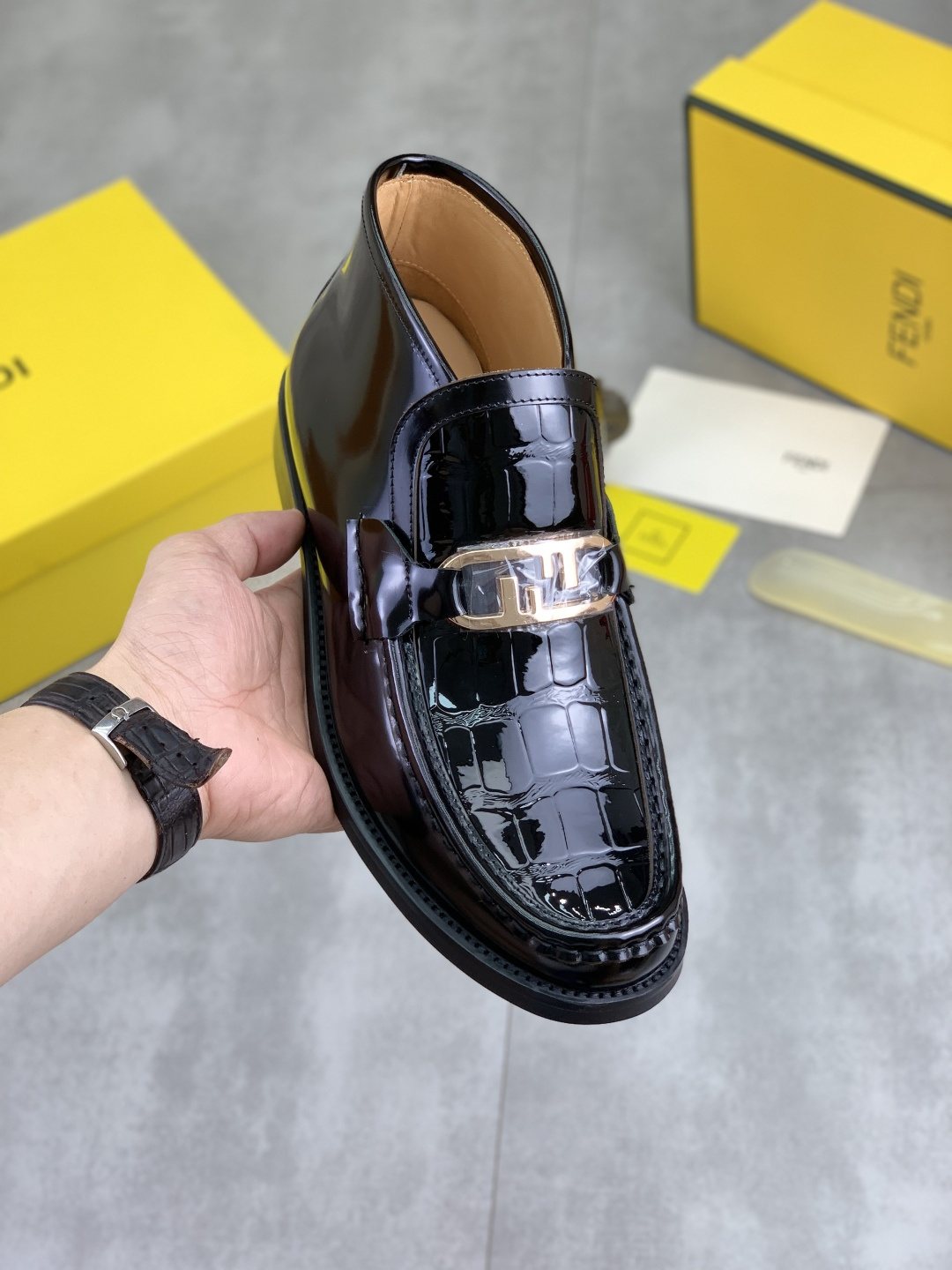Fendi Men's Black Glossy Buckle Loafers