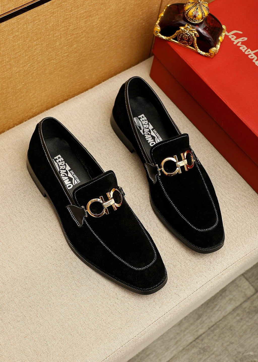 Ferragamo Black Suede Hardware Loafers
