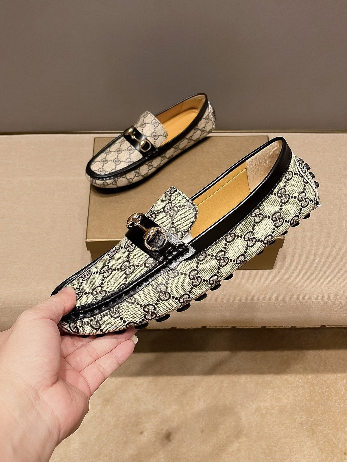 Gucci Beige and Black Gold-Hardware Loafers