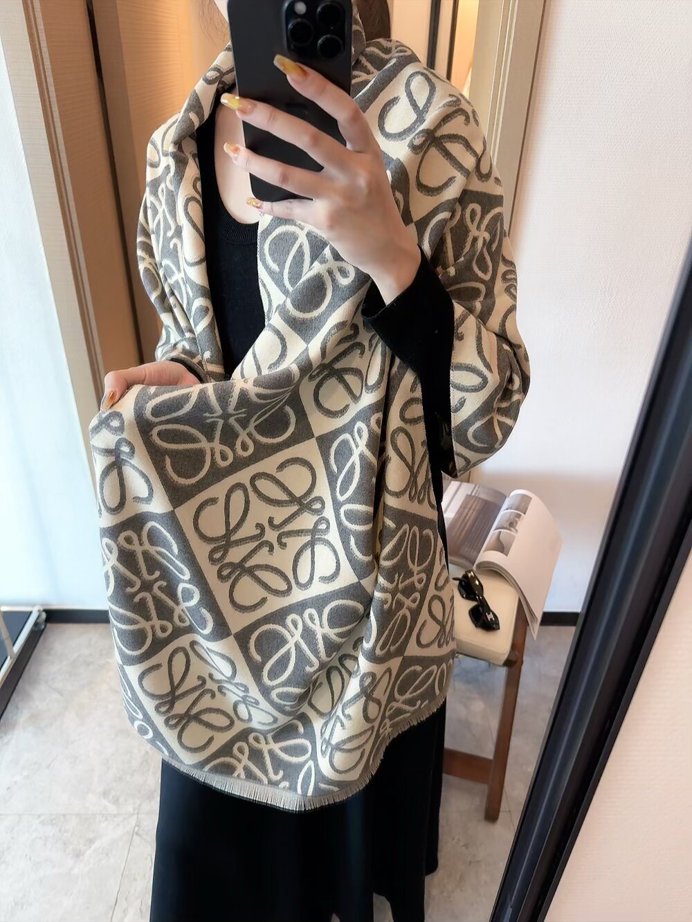 Loewe Taupe Graphic Motif Scarf