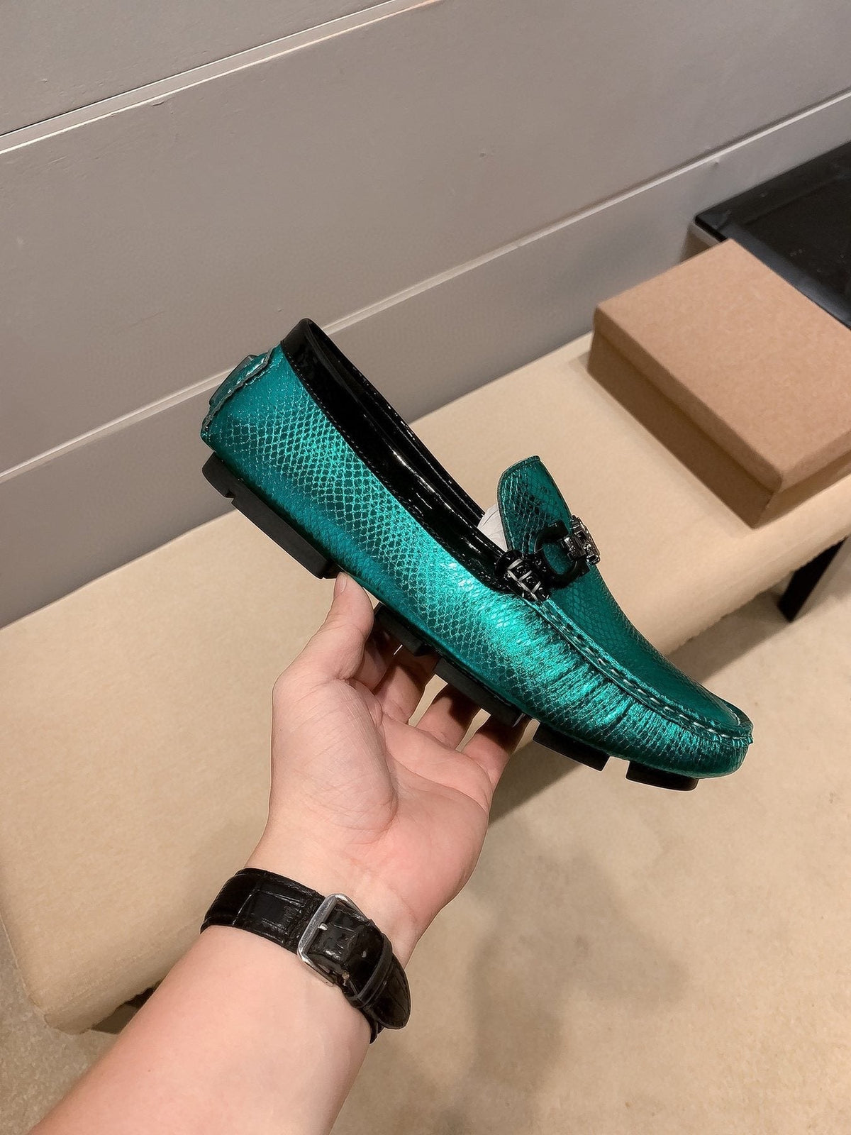 Gucci Men's Metallic Teal Horsebit Loafers