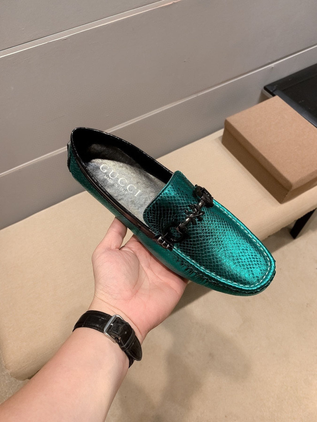 Gucci Men's Metallic Teal Horsebit Loafers