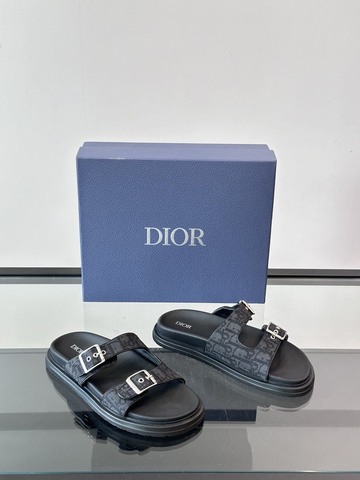 Dior Men's Buckle Strap Slide Sandals - Black and Charcoal Gray