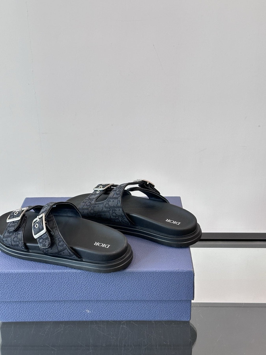 Dior Men's Buckle Strap Slide Sandals - Black and Charcoal Gray