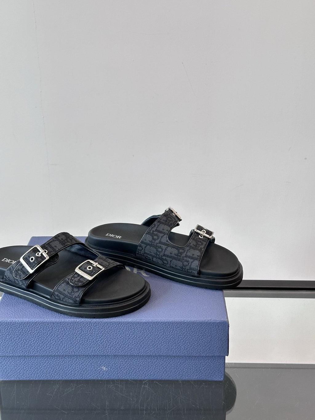 Dior Men's Buckle Strap Slide Sandals - Black and Charcoal Gray