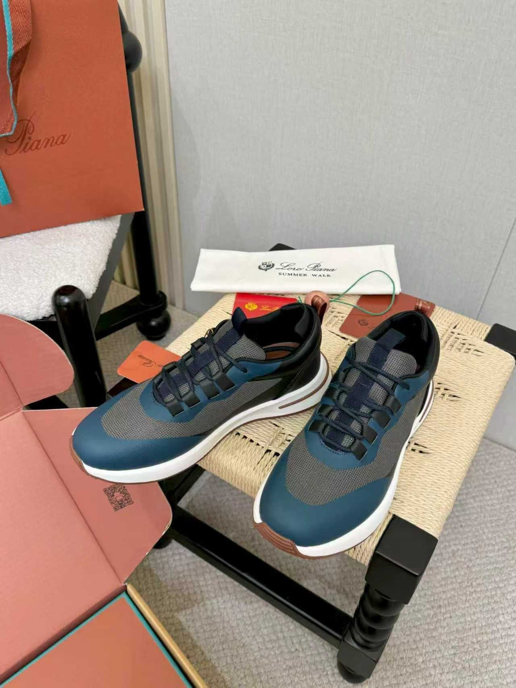 Loro Piana Navy Blue Teal Low-Top Sneakers