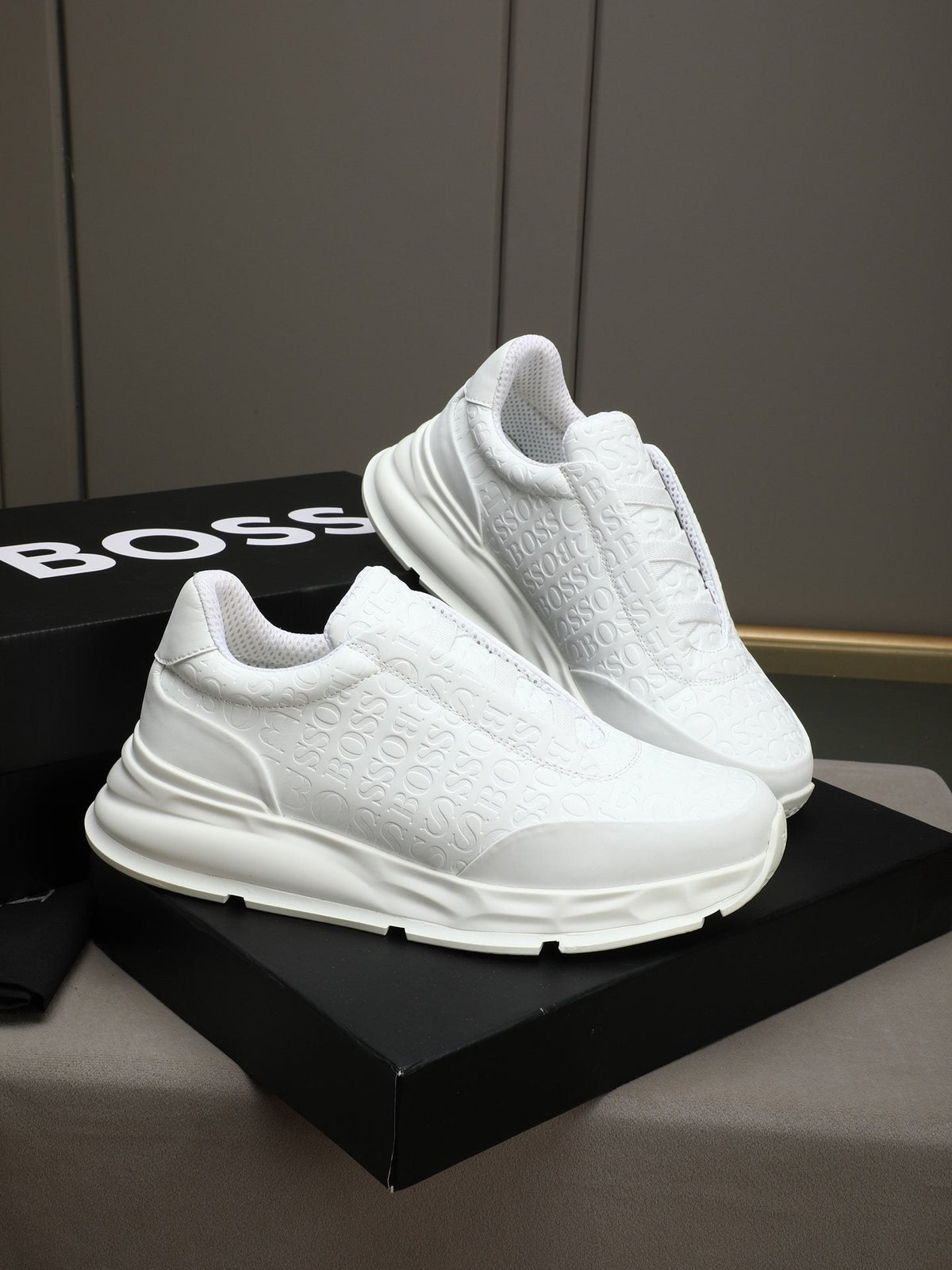 BOSS White Embossed Low-Top Sneakers