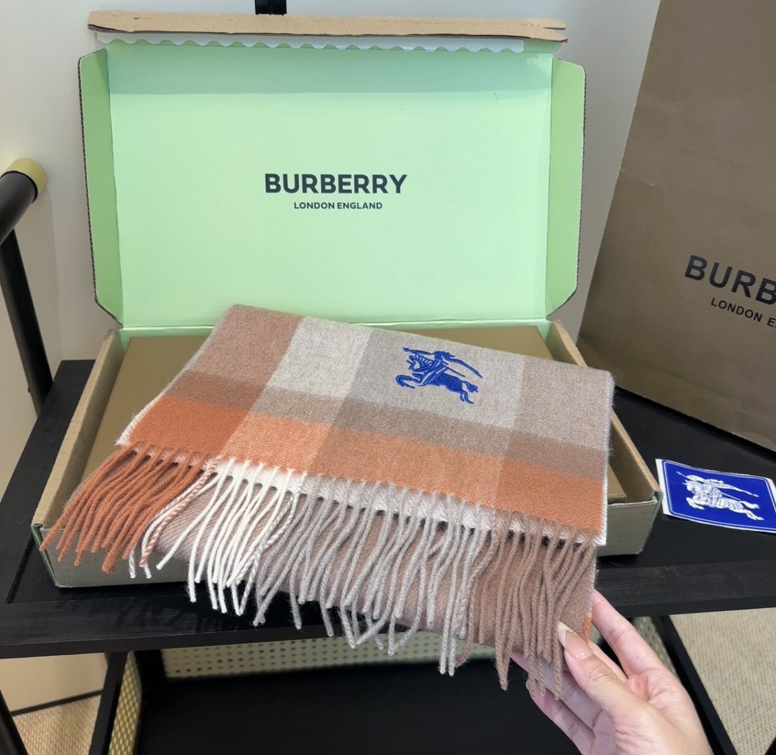 Burberry Taupe Plaid Fringed Scarf