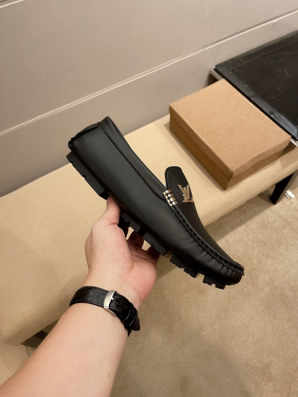 Louis Vuitton Black Pebbled Leather Loafers - Moc-Toe Stitching