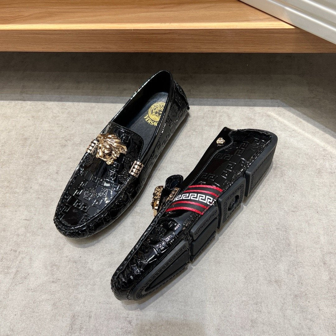 Versace Black Patterned Loafers with Gold-Tone Ornament