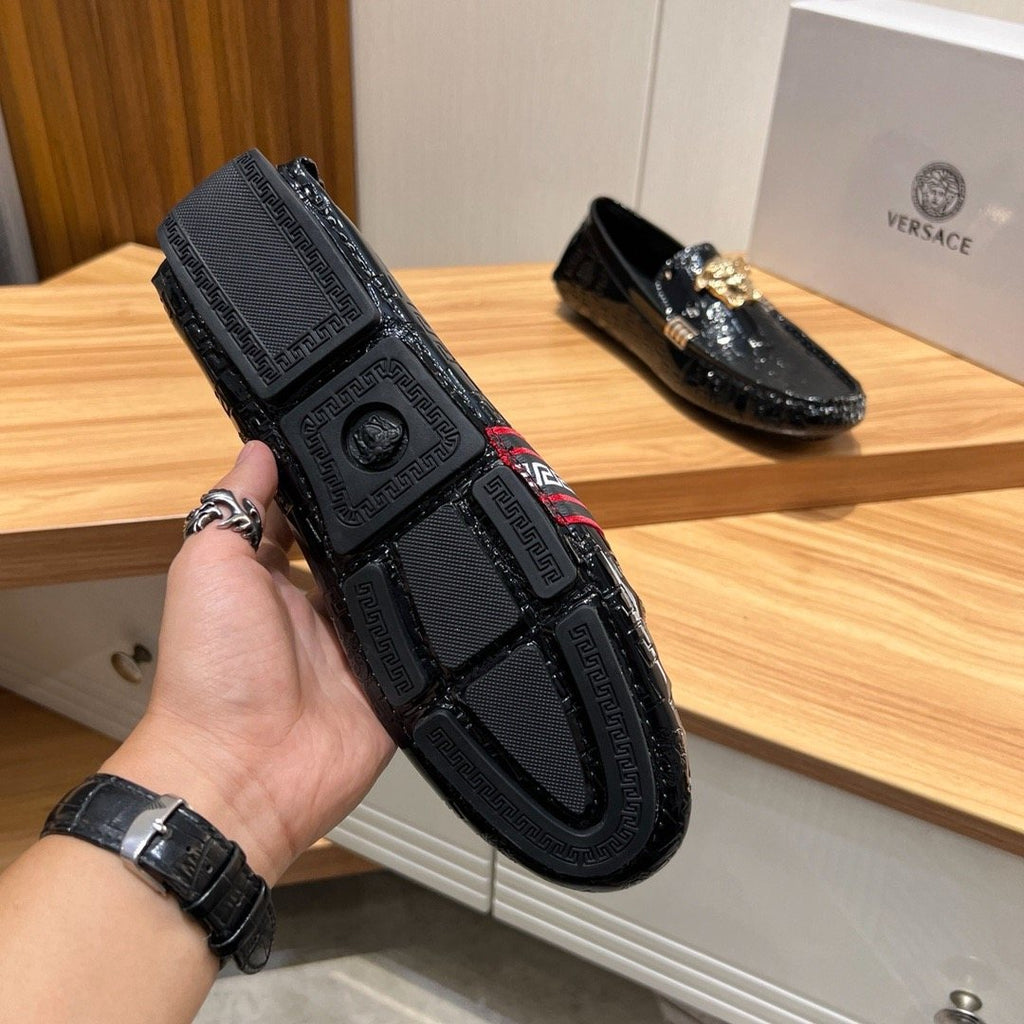 Versace Black Patterned Loafers with Gold-Tone Ornament