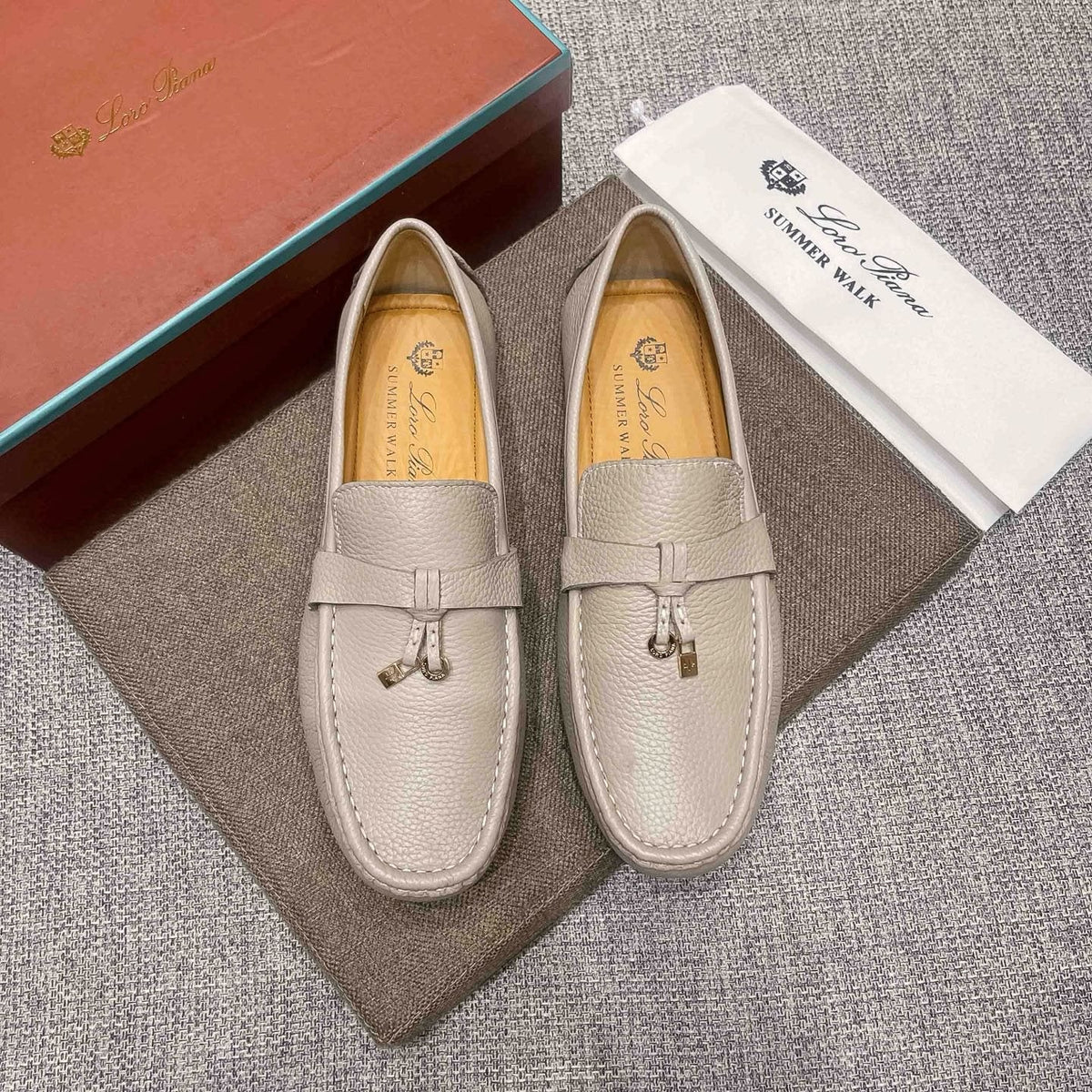 Loro Piana Men's Light Gray Metal-Accent Driving Loafers