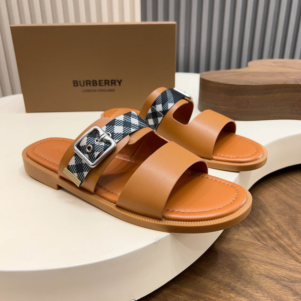 Burberry Plaid Buckle Slide Sandals - Flat Sole
