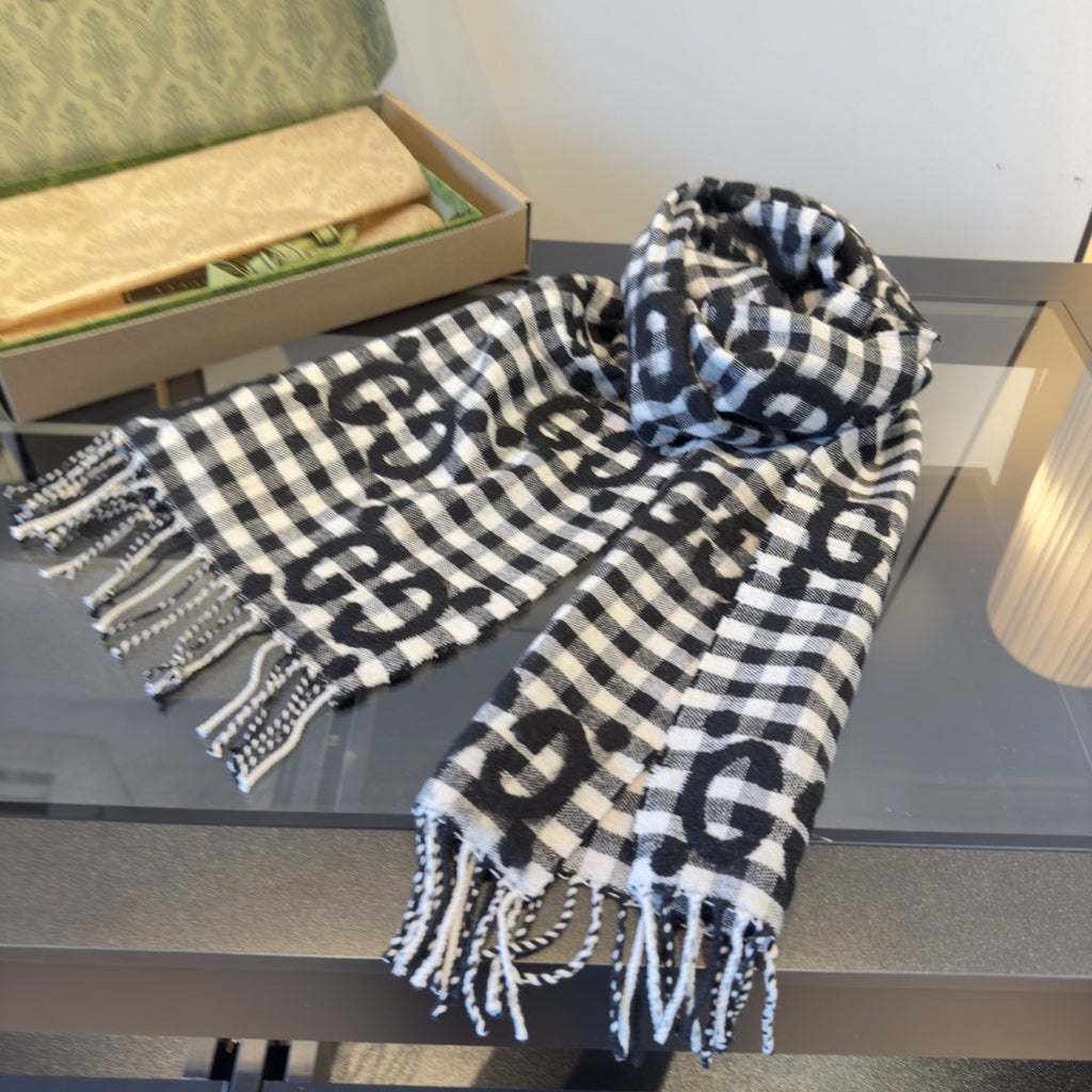 Gucci Black and White Checked Fringed Scarf