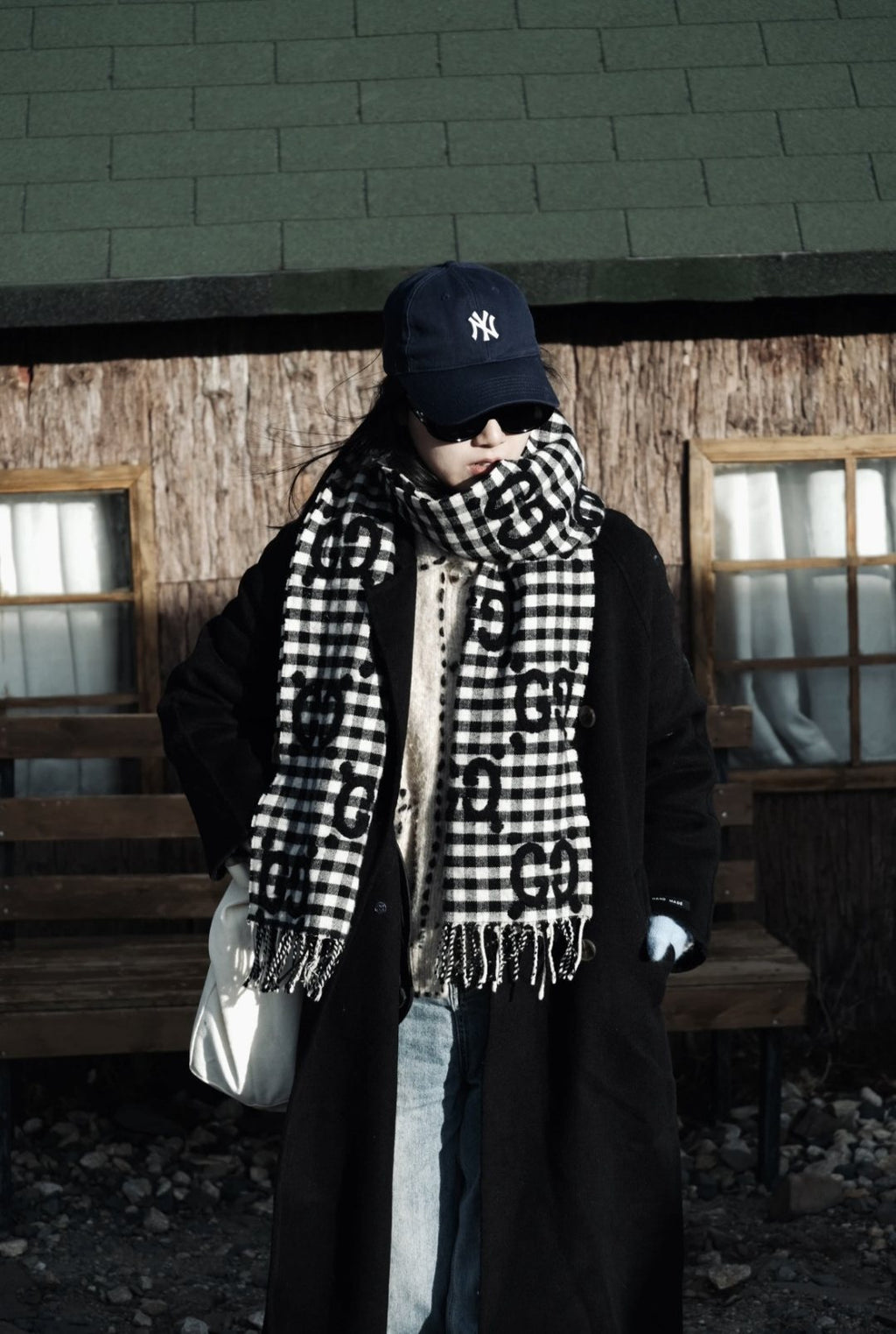 Gucci Black and White Checked Fringed Scarf