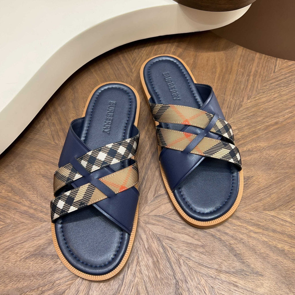 Burberry Plaid Cross-Strap Slide Sandals - Contoured Footbed