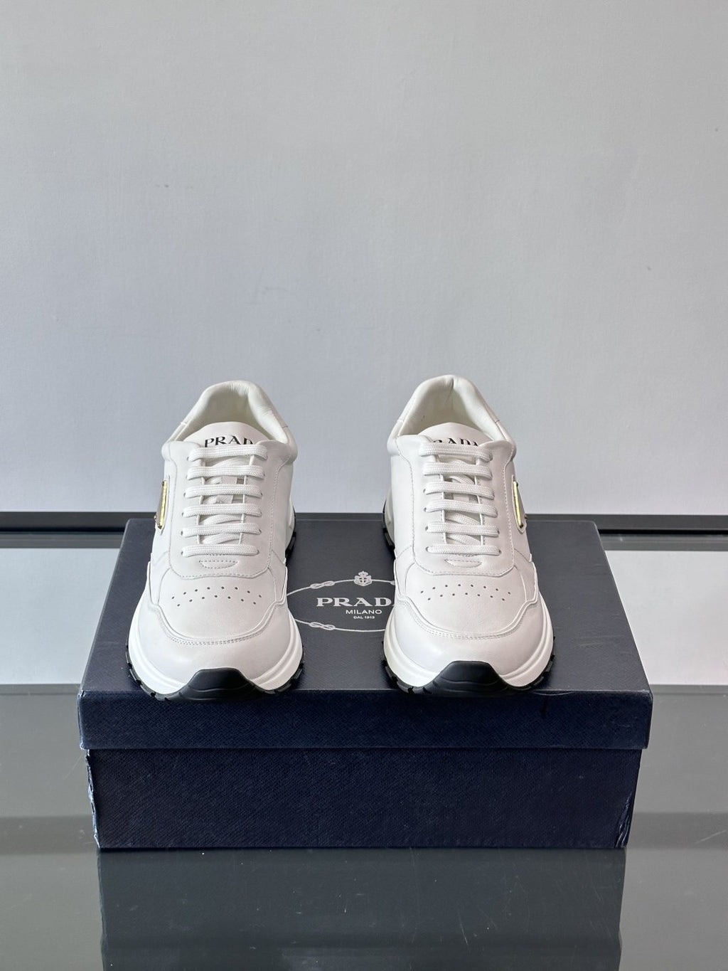 Prada Men's Triangle Plaque Low-Top Sneakers - Thick Lug Sole